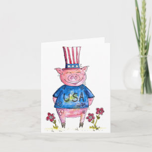 Cute Whimsical Patriotic Pig Card