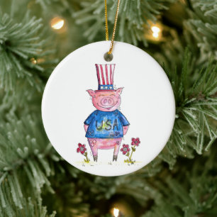 Cute Whimsical Patriotic Pig Ceramic Tree Decoration