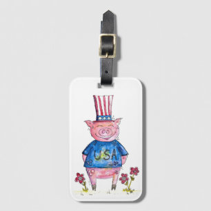 Cute Whimsical Patriotic Pig Luggage Tag