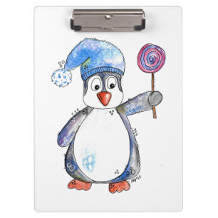 Cute Whimsical Penguin with a Lollipop Clipboard