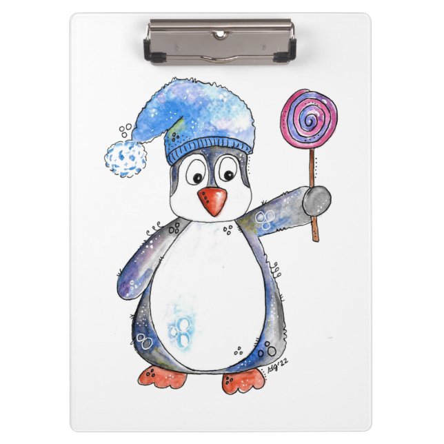 Cute Whimsical Penguin with a Lollipop Clipboard (Front)