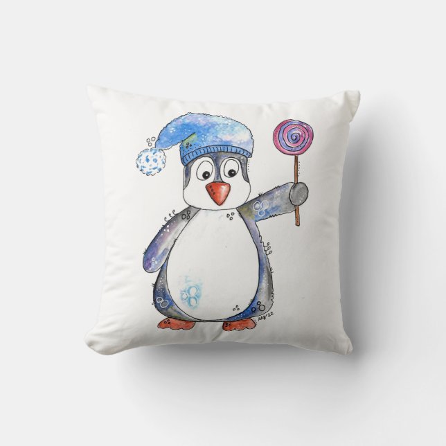 Cute Whimsical Penguin with a Lollipop Cushion (Front)