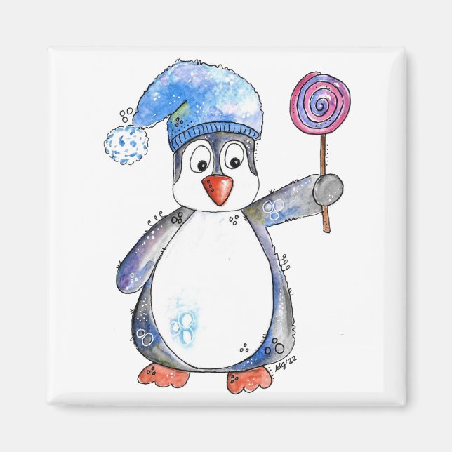 Cute Whimsical Penguin with a Lollipop Magnet (Front)