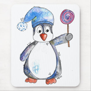 Cute Whimsical Penguin with a Lollipop Mouse Mat