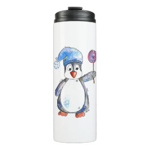 Cute Whimsical Penguin with a Lollipop Thermal Tumbler