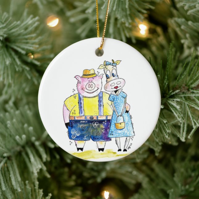 Cute Whimsical Pig and Cow Ceramic Tree Decoration (Tree)