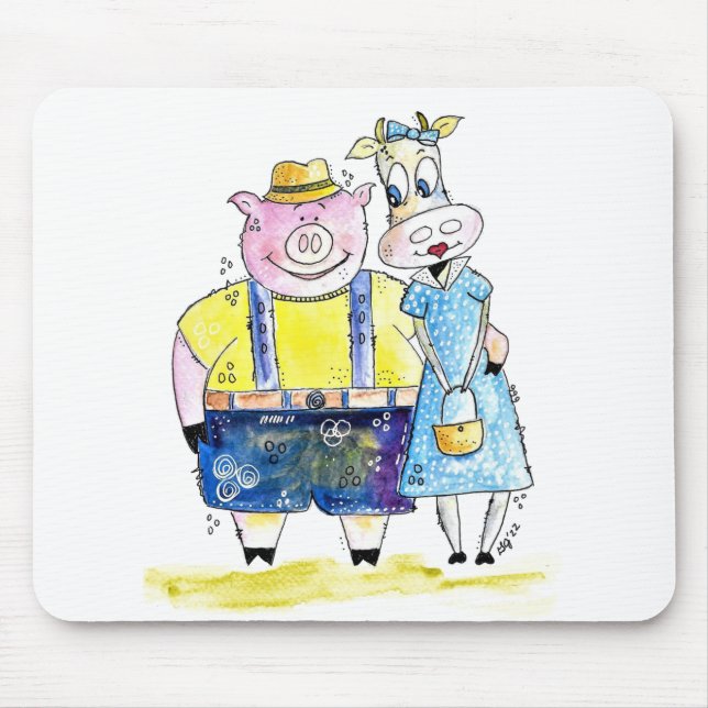 Cute Whimsical Pig and Cow Mouse Mat (Front)