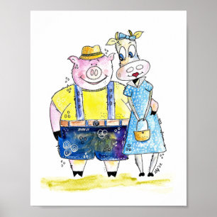 Cute Whimsical Pig and Cow Poster