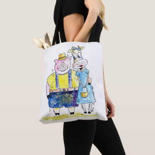 Cute Whimsical Pig and Cow Tote Bag