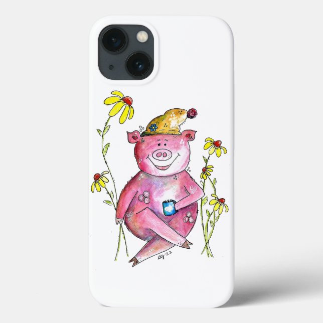 Cute Whimsical Pig Drinking Coffee Case-Mate iPhone Case (Back)