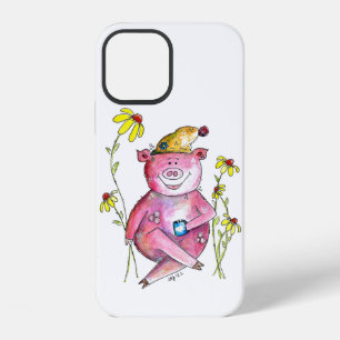 Cute Whimsical Pig Drinking Coffee iPhone 12 Case