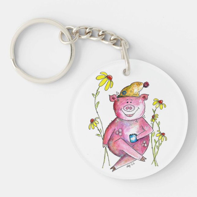 Cute Whimsical Pig Drinking Coffee Key Ring (Front)