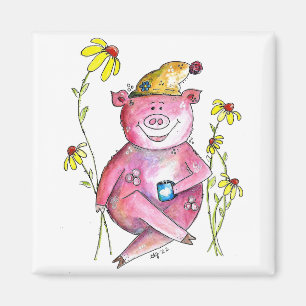 Cute Whimsical Pig Drinking Coffee Magnet