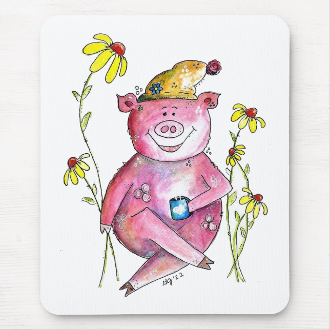 Cute Whimsical Pig Drinking Coffee Mouse Mat (Front)
