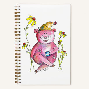 Cute Whimsical Pig Drinking Coffee Notebook