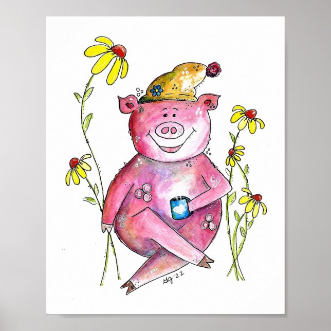 Cute Whimsical Pig Drinking Coffee Poster (Front)