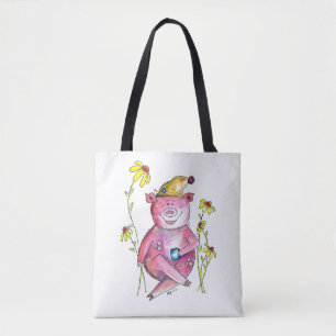 Cute Whimsical Pig Drinking Coffee Tote Bag