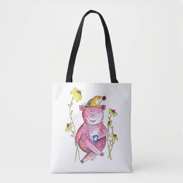 Cute Whimsical Pig Drinking Coffee Tote Bag (Front)