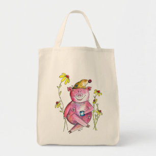 Cute Whimsical Pig Drinking Coffee Tote Bag