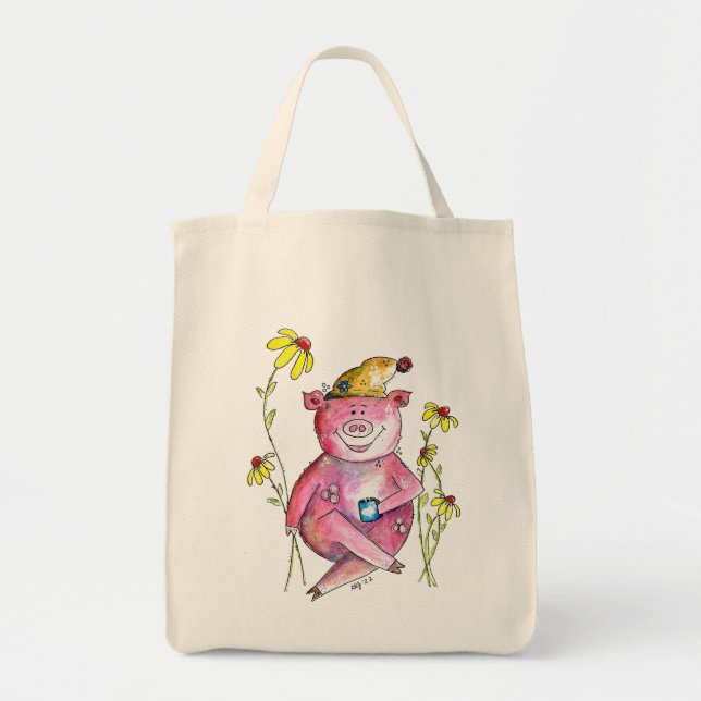 Cute Whimsical Pig Drinking Coffee Tote Bag (Front)