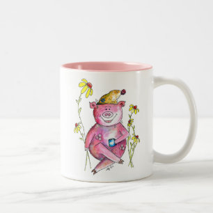 Cute Whimsical Pig Drinking Coffee Two-Tone Coffee Mug