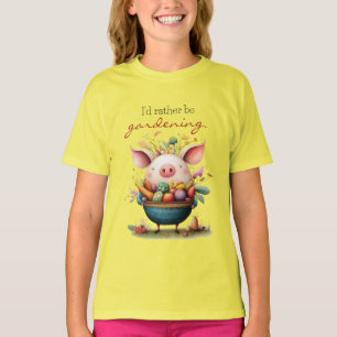 Cute Whimsical Pig "I'd Rather Be Gardening" T-Shirt