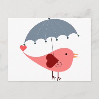 Cute whimsical  pink bird holding umbrella postcard