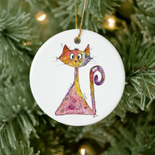Cute Whimsical Pink Cat Ceramic Tree Decoration