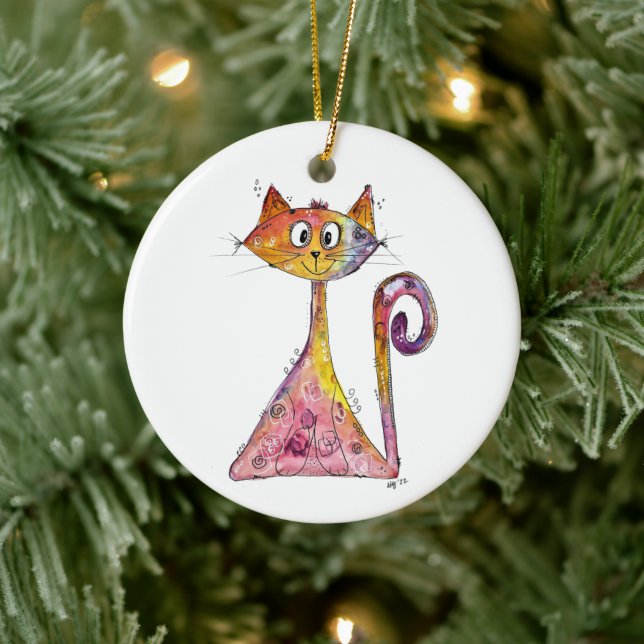 Cute Whimsical Pink Cat Ceramic Tree Decoration (Tree)
