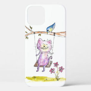 Cute Whimsical Pink Cat on Swing iPhone 12 Case