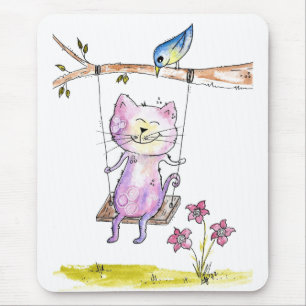 Cute Whimsical Pink Cat on Swing Mouse Mat