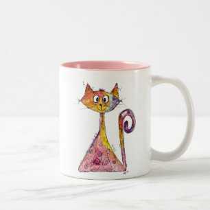 Cute Whimsical Pink Cat Two-Tone Coffee Mug