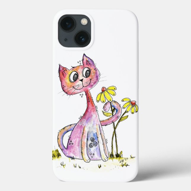 Cute Whimsical Pink Cat with Yellow Flowers Case-Mate iPhone Case (Back)