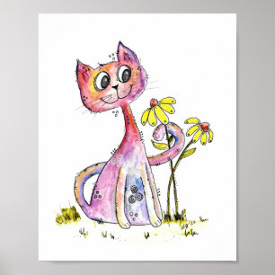 Cute Whimsical Pink Cat with Yellow Flowers Poster