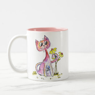 Cute Whimsical Pink Cat with Yellow Flowers Two-Tone Coffee Mug