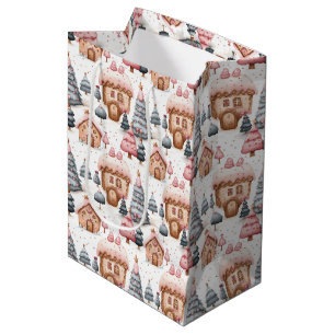 Cute Whimsical Pink Christmas Gingerbread House Medium Gift Bag