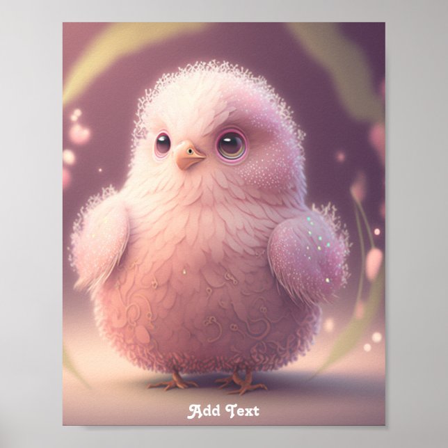 Cute Whimsical Pink Fluffy Bird Custom Wall Poster (Front)