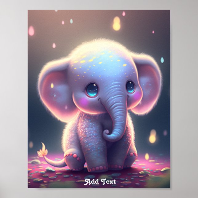 Cute Whimsical Pink Pastel Baby Elephant Nursery Poster (Front)