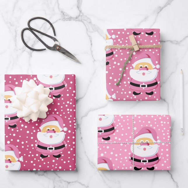 Cute whimsical Pink Santa Claus Christmas holiday Wrapping Paper Sheet (Front)