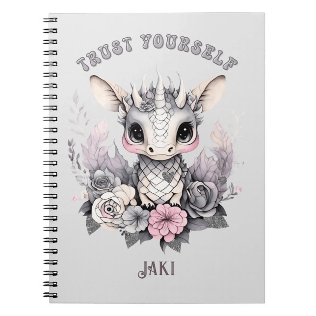 Cute Whimsical Pink "Trust Yourself" Little Dragon Notebook (Front)