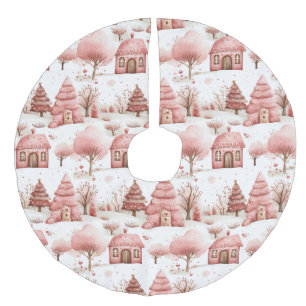 Cute Whimsical Pink Winter Wonderland Christmas  Faux Linen Tree Skirt