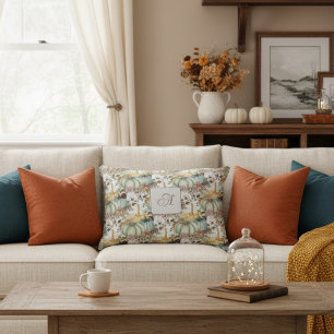 Cute Whimsical Pumpkins And Flowers Monogram Decorative Cushion