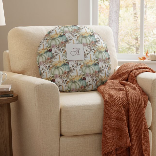 Cute Whimsical Pumpkins And Flowers Monogram Round Cushion (Creator Uploaded)