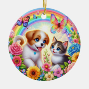 Cute/whimsical puppy/kitten rainbow ceramic tree decoration