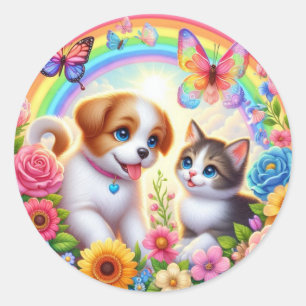 Cute/whimsical puppy/kitten rainbow classic round sticker