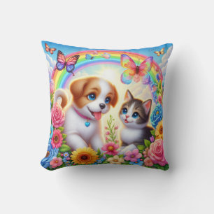 Cute/whimsical puppy/kitten rainbow cushion
