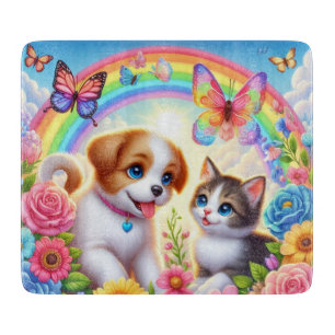 Cute/whimsical puppy/kitten rainbow cutting board