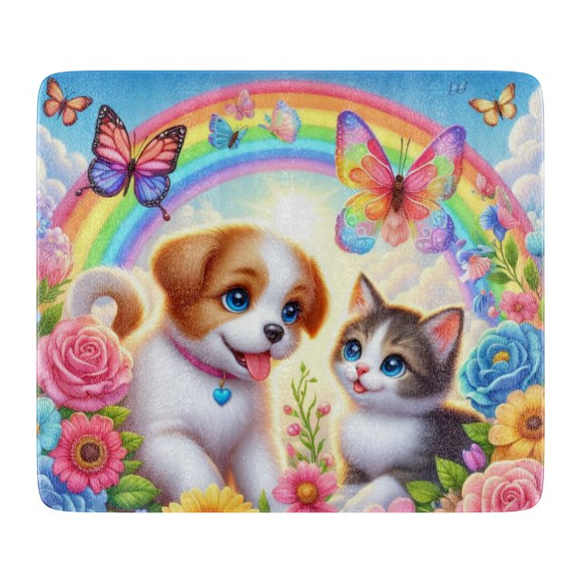 Cute/whimsical puppy/kitten rainbow cutting board (Front)