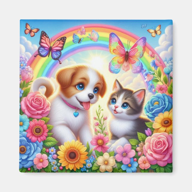 Cute/whimsical puppy/kitten rainbow magnet (Front)