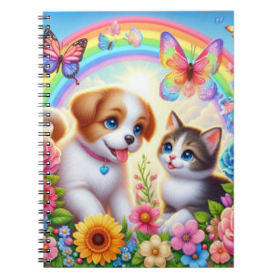 Cute/whimsical puppy/kitten rainbow notebook